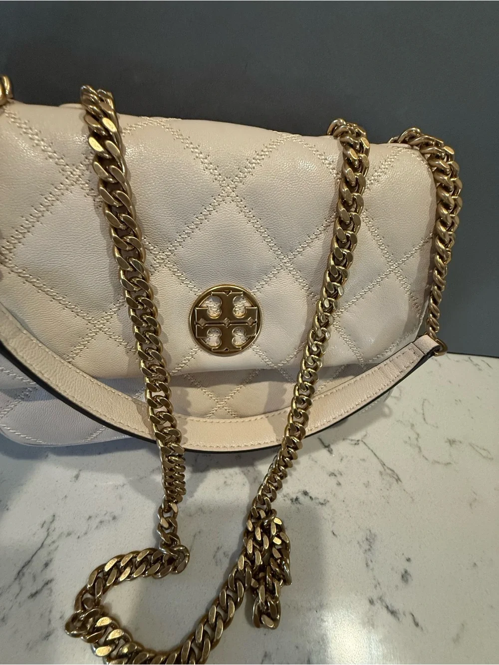 Tory Burch Cream Quilted Chain Crossbody Bag with Gold Hardware